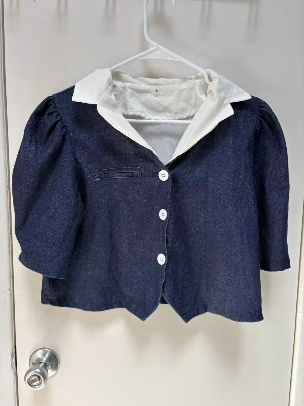 Vintage Crop Denim Blazer Top Puff Sleeve Contrast Collar Navy Sailor Jacket S